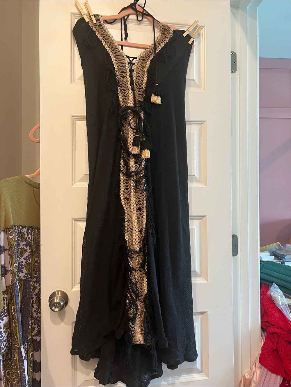 Black Midi Halter Dress with Natural Crochet Placket and Tassel Tie